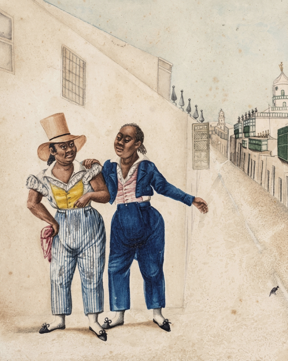 Dibujo antiguo que muestra en una calle de la Lima del siglo XIX a dos personajes hombres afroperuanos, ataviados con un atuendo que combina ...